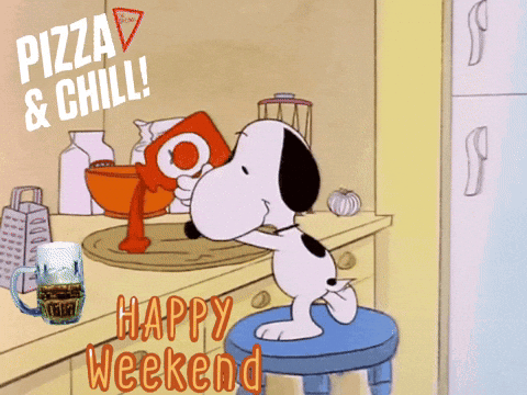 A Cartoon Of Snoopy Pouring Sauce Into A Bowl With The Words " Pizza & Chill " Above Him GIF