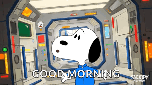 A Cartoon Of Snoopy Saying Good Morning In A Space Station GIF
