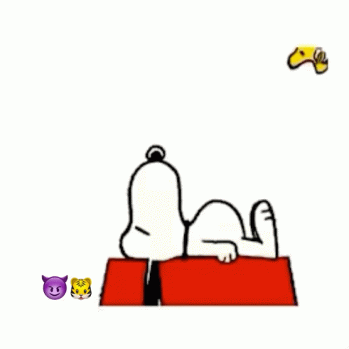 A Cartoon Of Snoopy Saying Good Morning With Woodstock Flying In The Background GIF