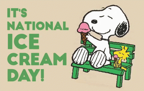 A Cartoon Of Snoopy Sitting On A Bench Eating Ice Cream On National Ice Cream Day GIF