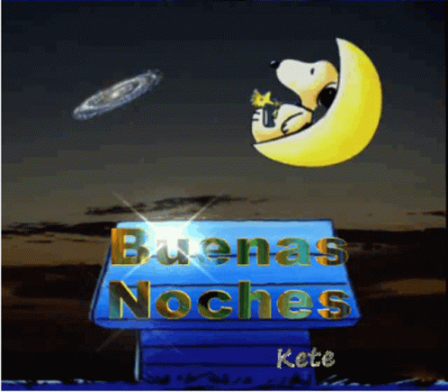 A Cartoon Of Snoopy Sitting On A Crescent Moon With The Words " Buenas Noches " GIF