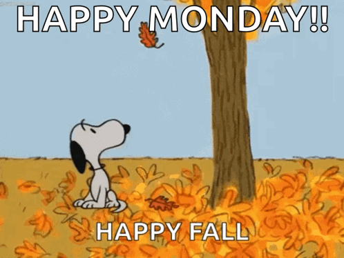 A Cartoon Of Snoopy Sitting Under A Tree Surrounded By Leaves With The Caption Happy Monday Happy Fall GIF