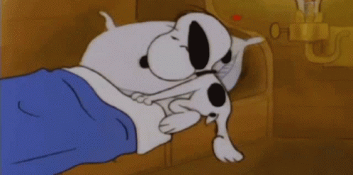 A Cartoon Of Snoopy Sleeping In A Bed GIF