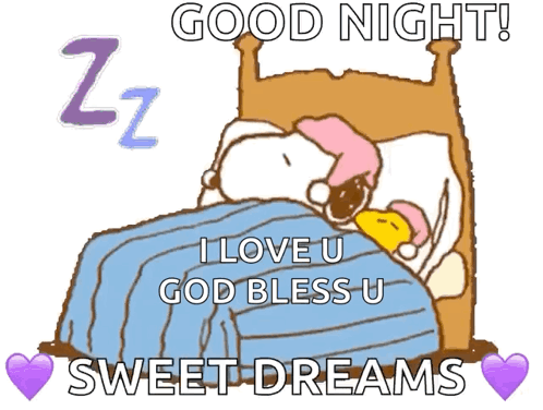 A Cartoon Of Snoopy Sleeping In A Bed With The Words Good Night I Love U God Bless U Sweet Dreams On It GIF
