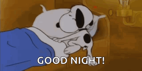 A Cartoon Of Snoopy Sleeping In A Bed With The Words `` Good Night '' Written On The Bottom . GIF