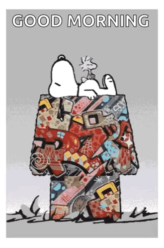 A Cartoon Of Snoopy Sleeping In A Box With The Words Good Morning Written On The Bottom GIF