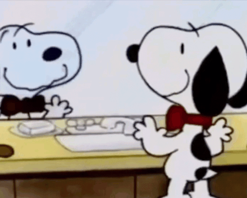 A Cartoon Of Snoopy Standing In Front Of A Mirror GIF