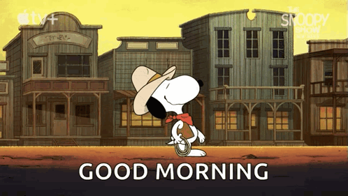 A Cartoon Of Snoopy Wearing A Cowboy Hat And Holding A Cowboy Rope Says Good Morning GIF