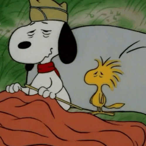 A Cartoon Of Snoopy Wearing A Crown And Woodstock Holding A Stick GIF