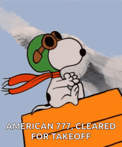 A Cartoon Of Snoopy Wearing A Helmet And Goggles With The Words American 777 Cleared For Takeoff Below Him GIF
