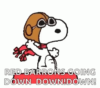 A Cartoon Of Snoopy Wearing A Helmet And Scarf With The Words Red Barrons Going Down Down Down . GIF