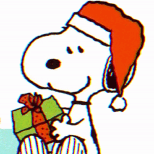 A Cartoon Of Snoopy Wearing A Santa Hat And Holding A Present GIF