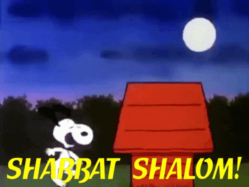 A Cartoon Of Snoopy With The Words Shabbat Shalom In Yellow GIF