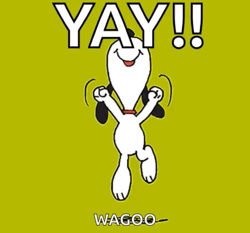 A Cartoon Of Snoopy With The Words Yay Wagoo Written Below Him GIF