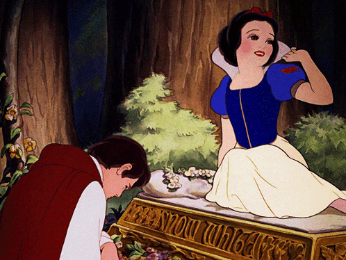 A Cartoon Of Snow White And Prince Charming Looking At A Treasure Chest GIF