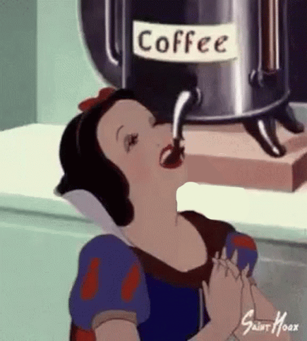 A Cartoon Of Snow White Drinking Coffee From A Coffee Pot GIF