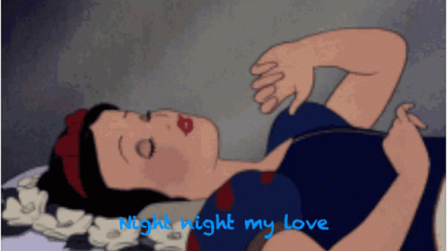 A Cartoon Of Snow White Laying On A Bed With The Words Night Night My Love Above Her GIF