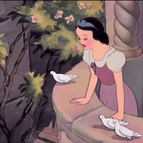 A Cartoon Of Snow White Looking At Two White Birds GIF