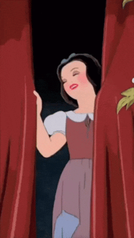 A Cartoon Of Snow White Standing Behind A Red Curtain With Her Eyes Closed GIF