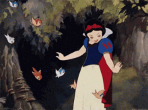 A Cartoon Of Snow White Surrounded By Birds In A Forest GIF