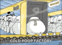 A Cartoon Of Snowmen Making Ice Cream Cones At A Cold Poop Factory GIF