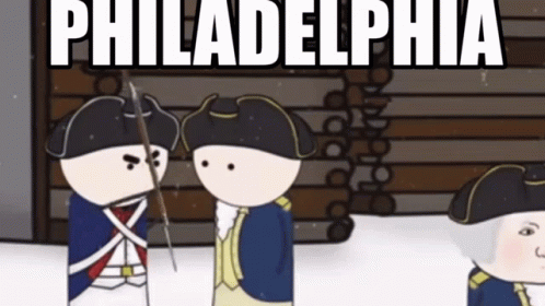 A Cartoon Of Soldiers Standing In The Snow With Philadelphia Written On The Top GIF