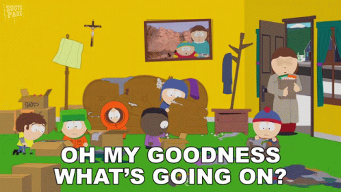 A Cartoon Of South Park Characters In A Living Room With The Words Oh My Goodness What 'S Going On GIF