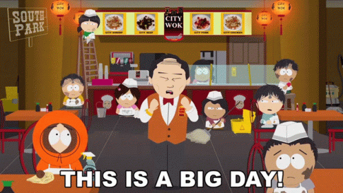 A Cartoon Of South Park Characters In A Restaurant With A Sign That Says City Wok GIF