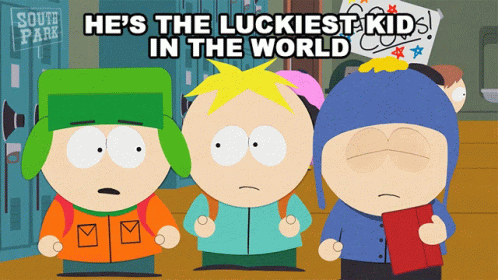 A Cartoon Of South Park Characters With The Caption He 'S The Luckiest Kid In The World GIF