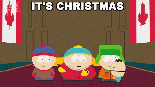 A Cartoon Of South Park Characters With The Words It 'S Christmas GIF