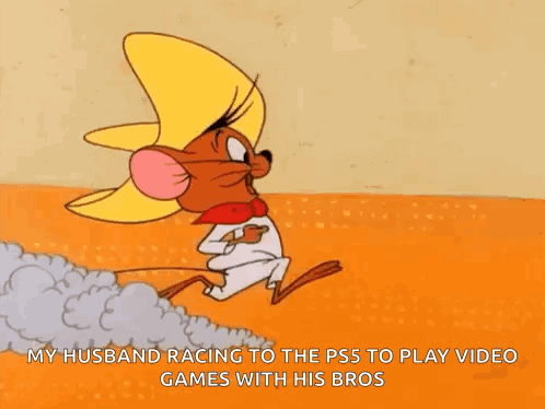 A Cartoon Of Speedy Gonzales Running To The Ps5 To Play Video Games With His Bros . GIF