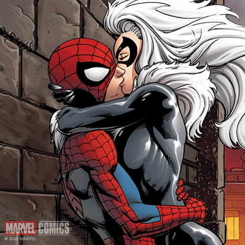 A Cartoon Of Spider-Man And Black Cat Kissing GIF