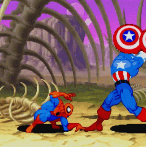 A Cartoon Of Spider-Man And Captain America Fighting Each Other GIF