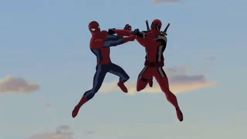 A Cartoon Of Spider-Man And Deadpool Fighting With A Blue Sky In The Background GIF