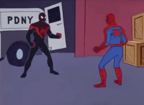 A Cartoon Of Spider-Man And Miles Morales Fighting In Front Of A Van That Says Pdny GIF
