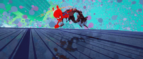 A Cartoon Of Spider-Man Fighting A Giant Spider GIF