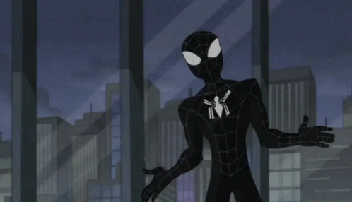 A Cartoon Of Spider-Man Fighting Venom In A Room With People In The Background . GIF