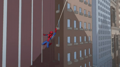 A Cartoon Of Spider-Man Flying Through A City Street GIF