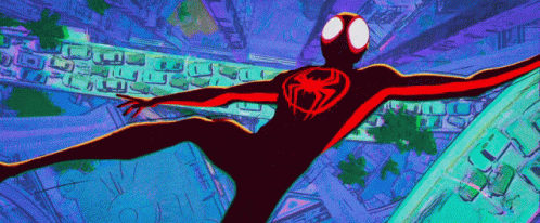 A Cartoon Of Spider-Man Flying Through The Air With His Arms Outstretched GIF
