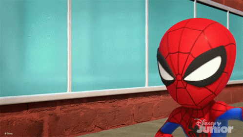 A Cartoon Of Spider-Man From Disney Junior Is Standing In Front Of A Window GIF