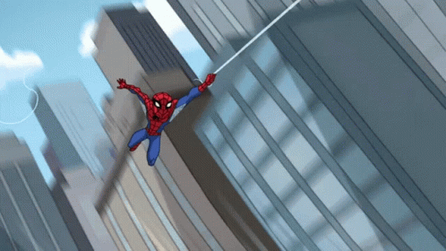 A Cartoon Of Spider-Man Hanging From A Rope Between Two Buildings GIF