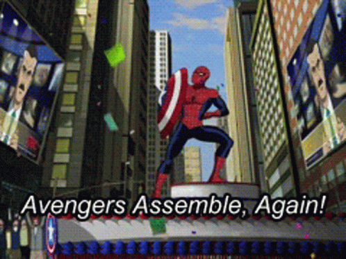 A Cartoon Of Spider-Man Holding A Captain America Shield With The Words Avengers Assemble Again GIF