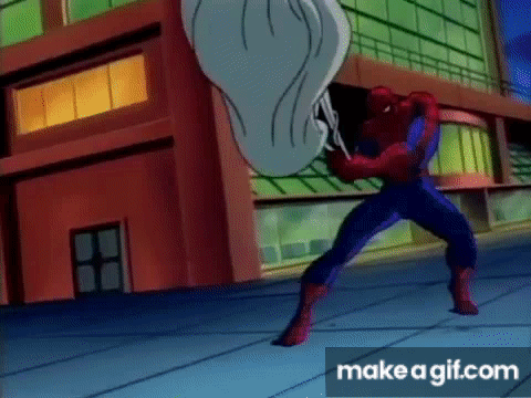 A Cartoon Of Spider-Man Holding A Spider Web In His Hands . GIF