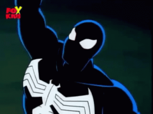 A Cartoon Of Spider-Man In A Black Suit Is Flying Through The Air With His Arms In The Air . GIF