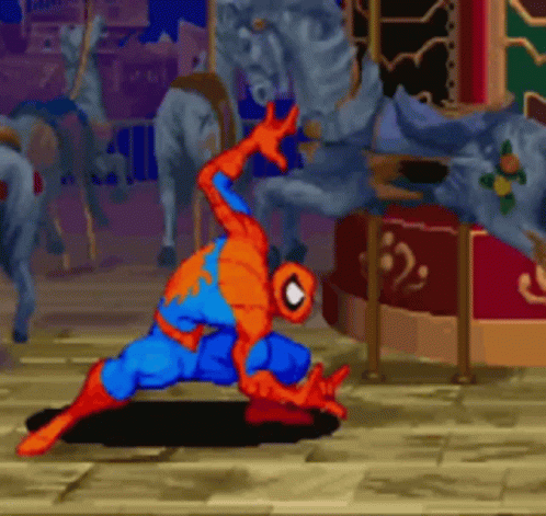 A Cartoon Of Spider-Man Is Kneeling Down In Front Of A Carousel GIF