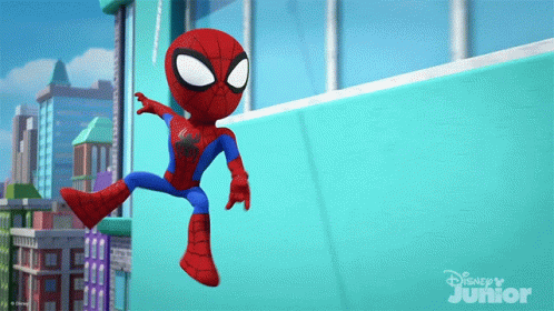 A Cartoon Of Spider-Man Jumping Over A Wall With Disney Junior Written In The Corner GIF