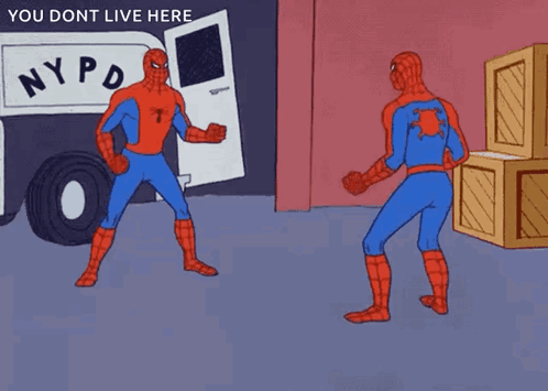 A Cartoon Of Spider-Man Pointing At Another Spider-Man In Front Of A Nypd Truck GIF