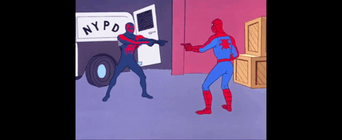 A Cartoon Of Spider-Man Pointing At Another Spiderman In Front Of A Nypd Van GIF
