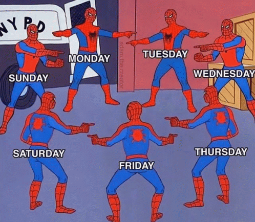 A Cartoon Of Spider-Man Pointing At Different Days Of The Week Including Monday Tuesday And Wednesday GIF
