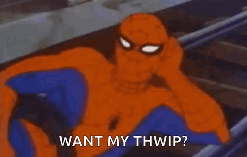 A Cartoon Of Spider-Man Saying `` Want My Thwip? '' GIF